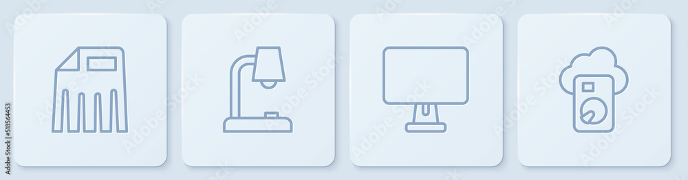 设置线碎纸机、电脑显示器、台灯和云数据库。白色方形按钮。Vecto