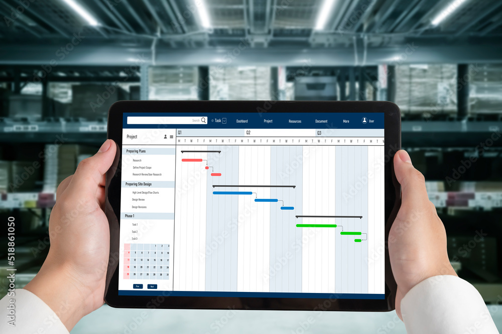 Project planning software for modish business project management on the computer screen showing time