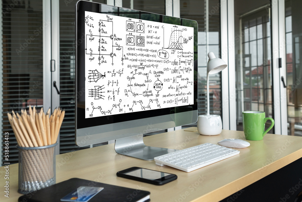 Mathematic equations and modish formula on computer screen showing concept of science and education