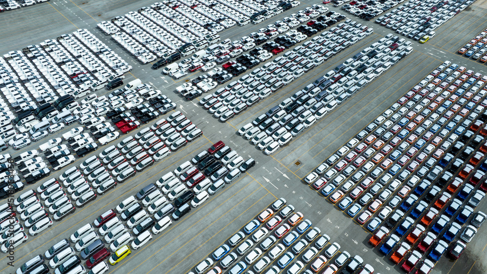 Many new cars parking before shipping to Dealer Customer, Care shipping to Ro-Ro Ship for import exp