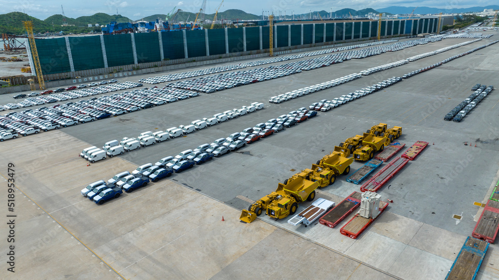 Many new cars parking before shipping to Dealer Customer, Care shipping to Ro-Ro Ship for import exp