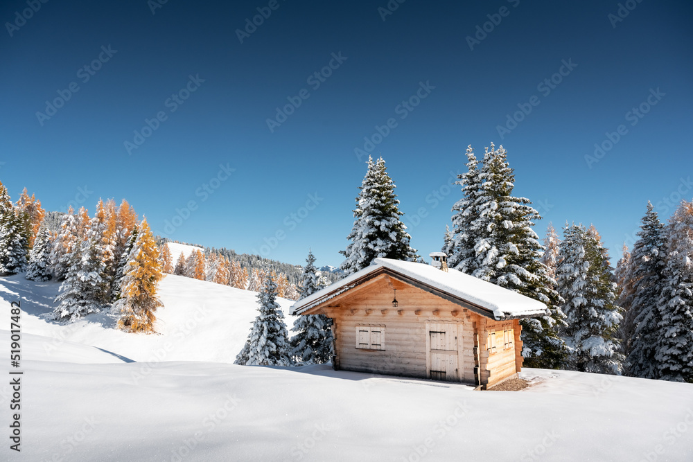 Picturesque landscape with small wooden log cabin on meadow Alpe di Siusi on sunrise time. Seiser Al