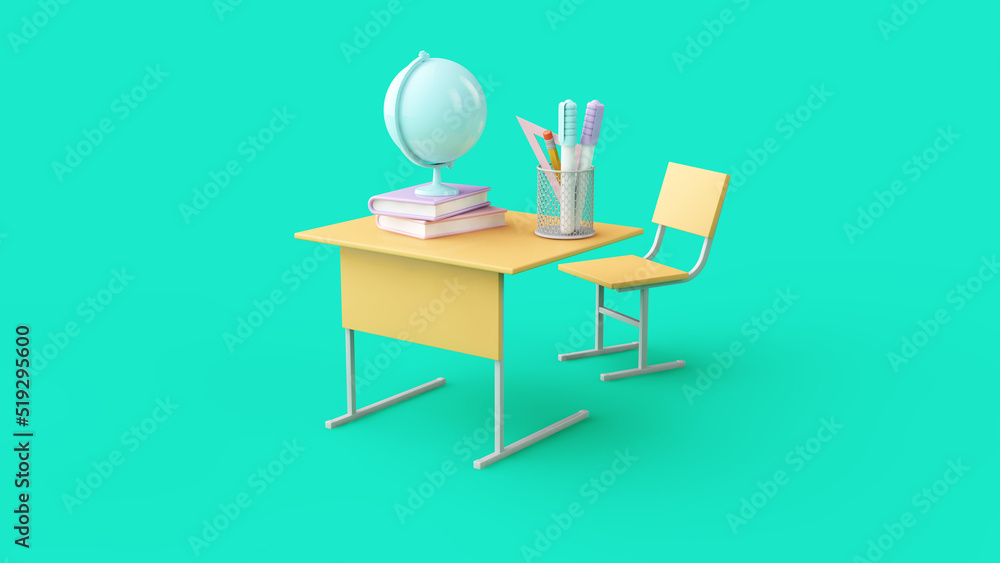 Back to school and education background. School supplies, school desk and chair on a green backgroun