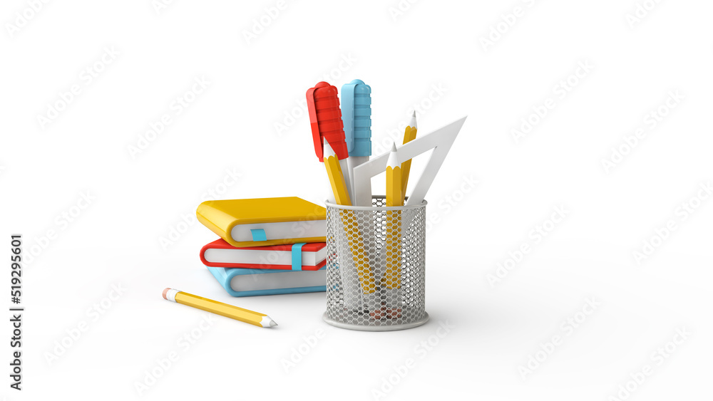 School and office set. Stand for stationery, pencils, marker, ruler, pencil, notepad, books isolated