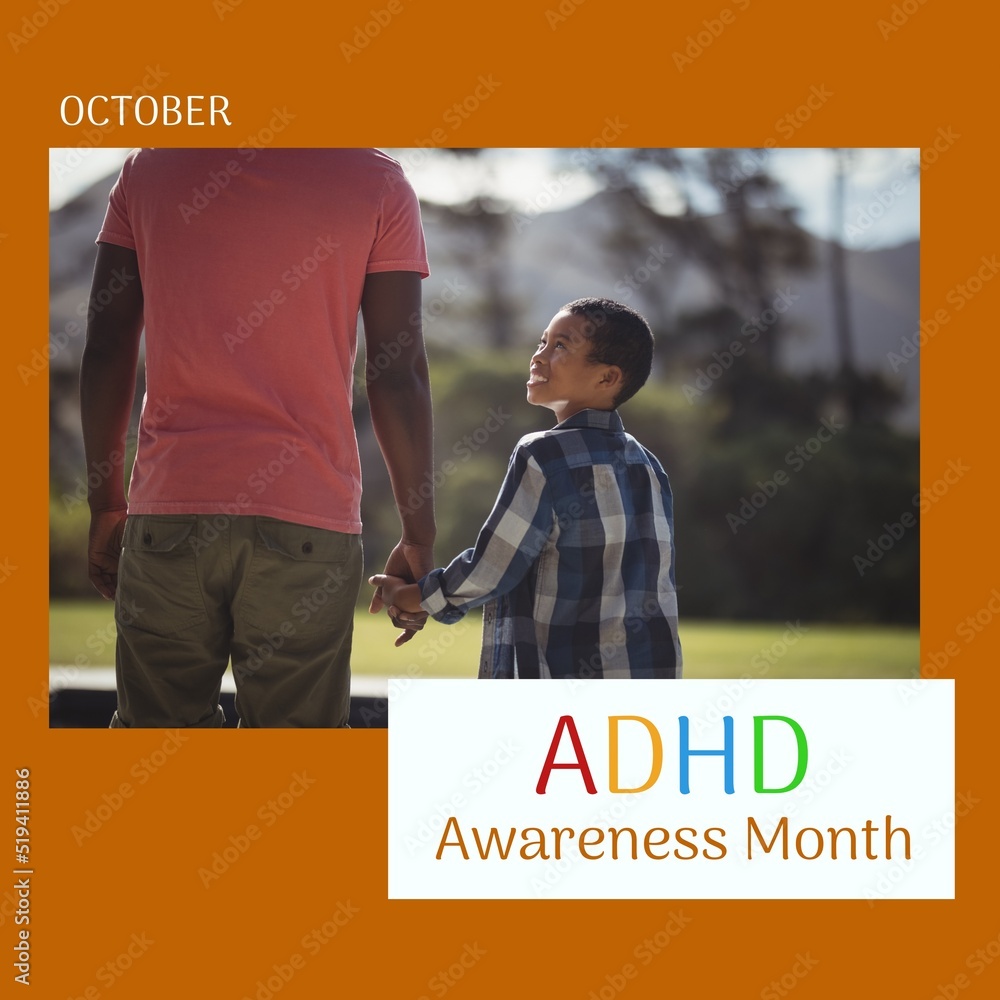 Composition of adhd awareness month text over african american father with son holding hands