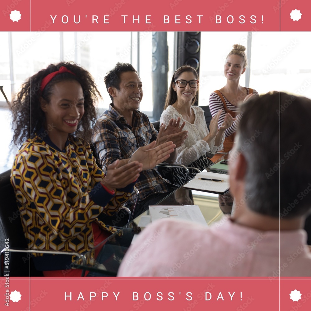 Image of happy boss day over diverse female boss and coworkers