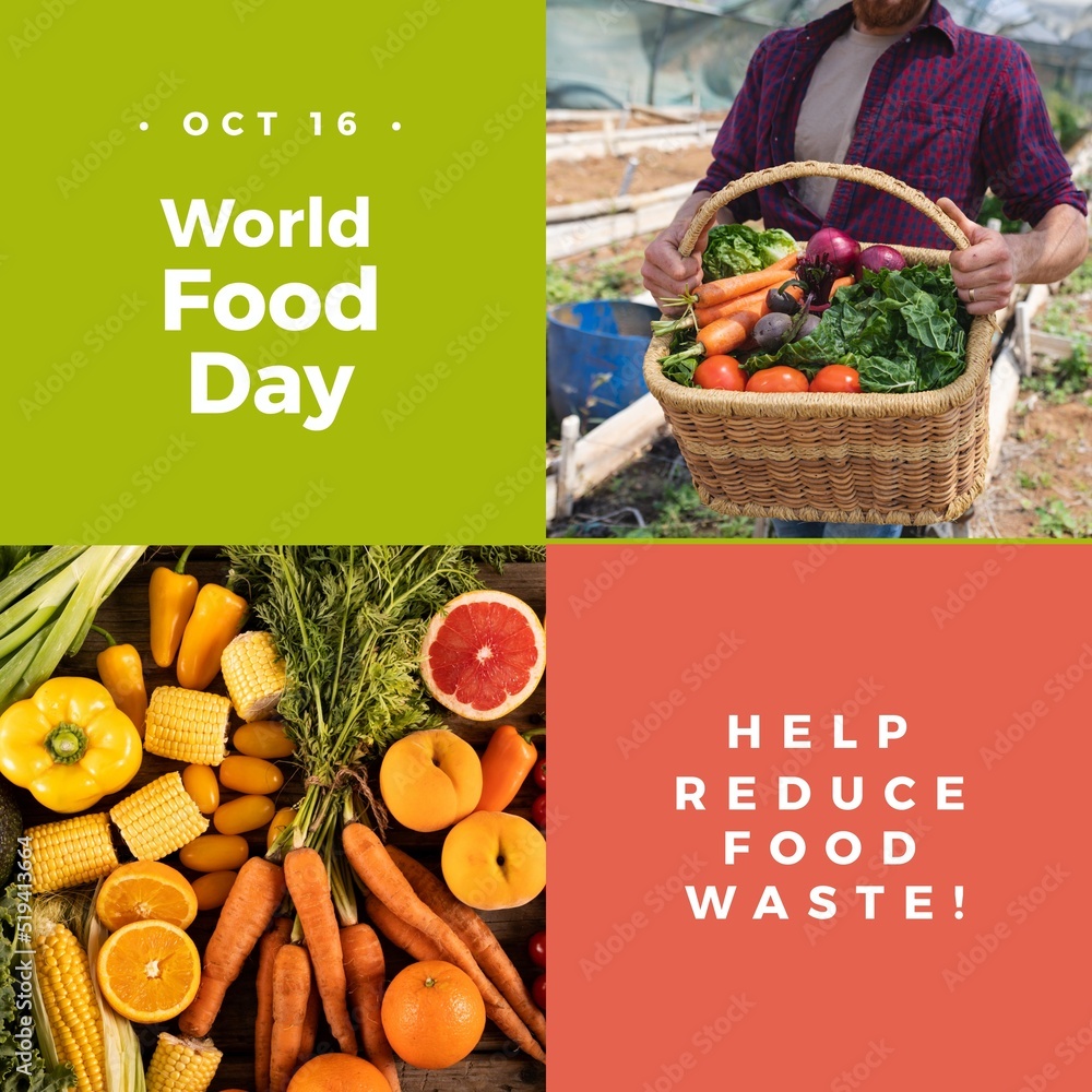 Image of food day over green background and man with basket of vegetables and diverse vegetables