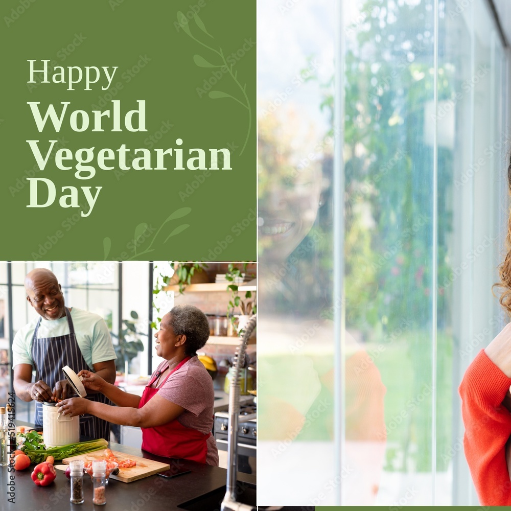 Composition of happy world vegetarian day text over african american couple cooking in kitchen