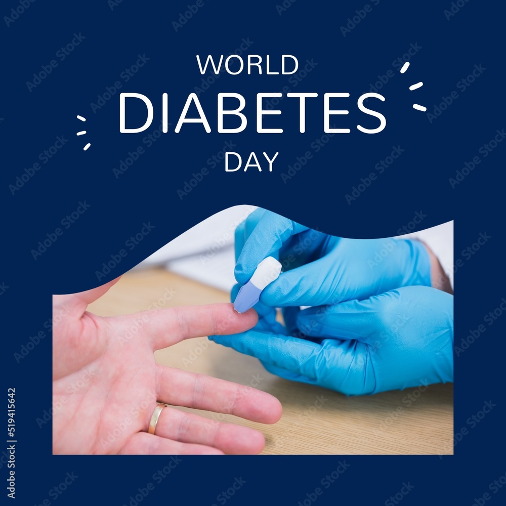 Composition of world diabetes day with diverse people using glucometer on blue background