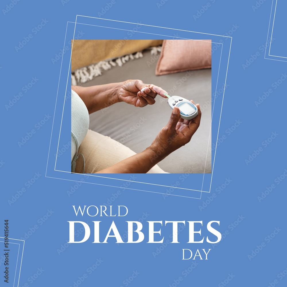 Composition of world diabetes day with african american woman using glucometer on grey background