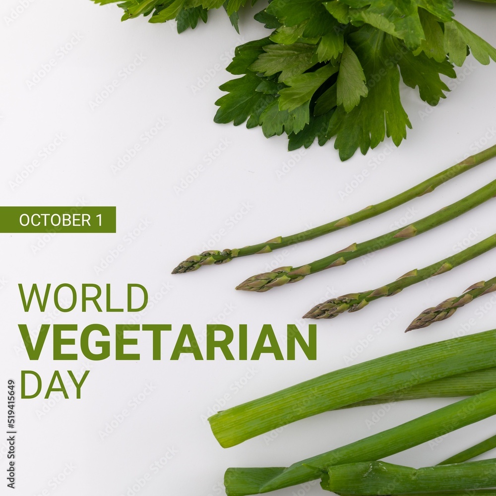 Composition of world vegetarian day text over green vegetables on white background