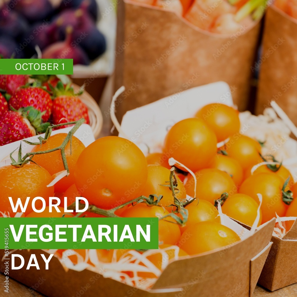 Composition of world vegetarian day text over fruits in boxes