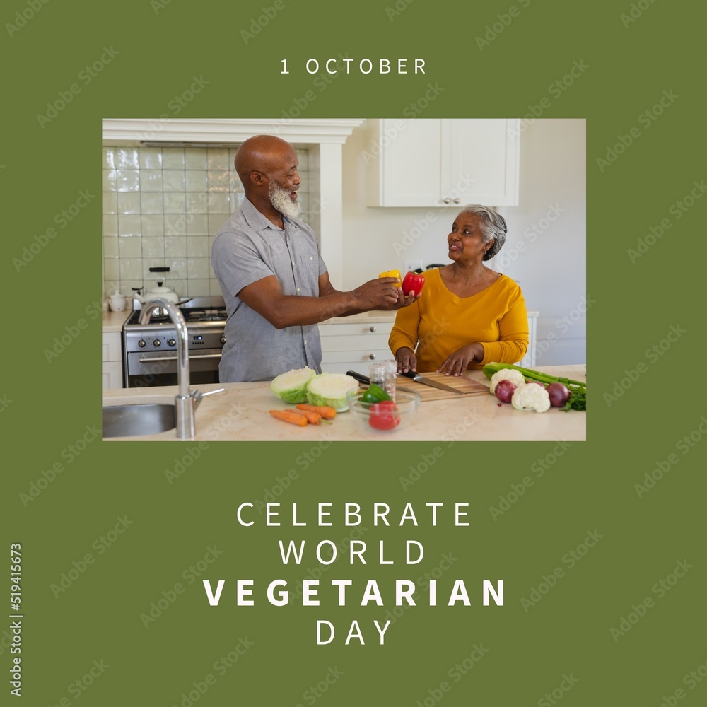 Composition of world vegetarian day text over senior african american couple cooking in kitchen