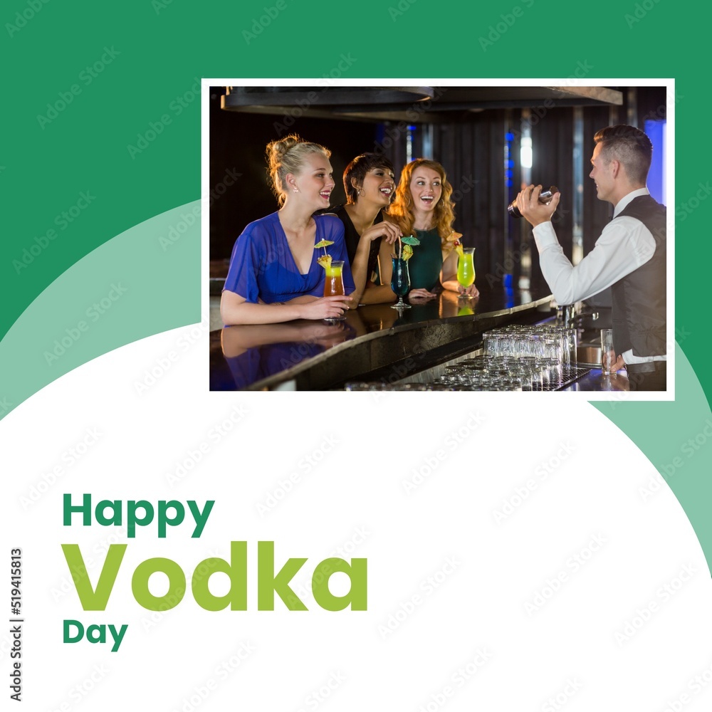 Image of happy vodka day over happy caucasian women and barman with drinks