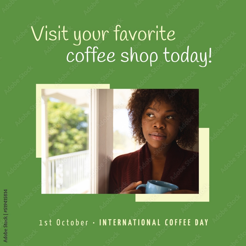 Image of visit your favorite coffee shop and happy african american woman with coffee