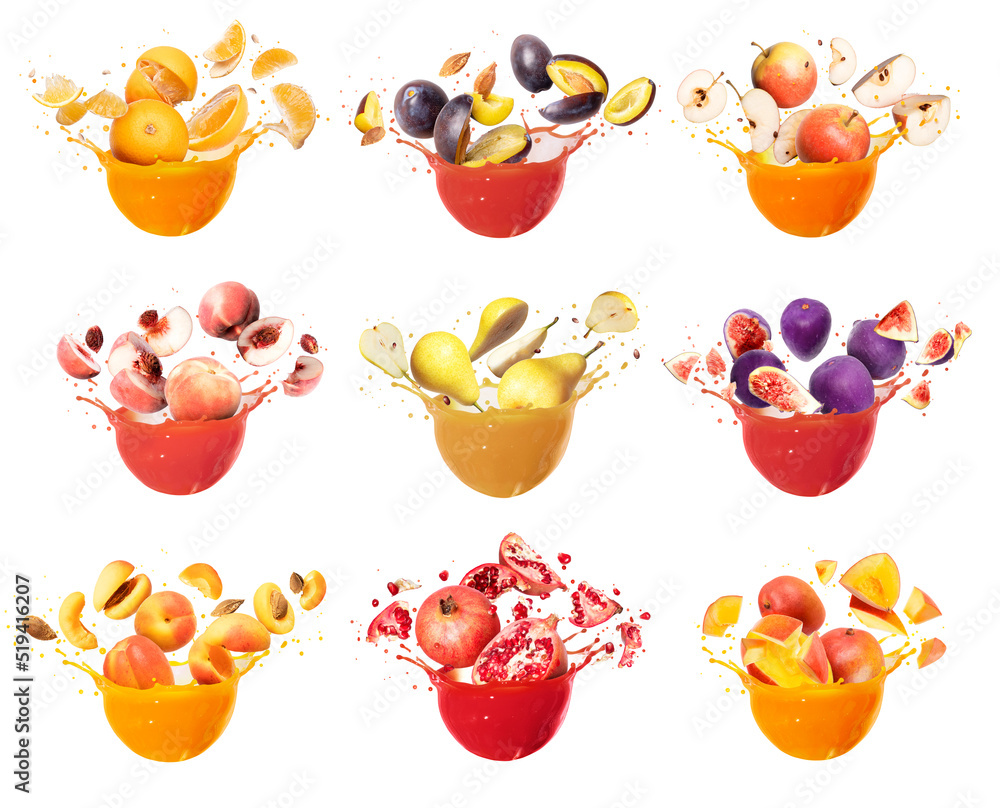 Set of different fruits with splashes of juice isolated on a white background