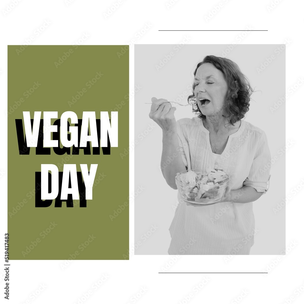 Composition of vegan day text with caucasian woman eating on green background