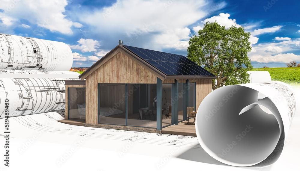 现代Ferinehaus mit Solarmodulen and einermm Landschaftschintergrind-3D可视化