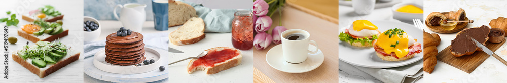 Collection of cooked breakfasts on light background