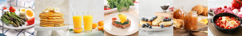 Set of natural breakfasts on light background