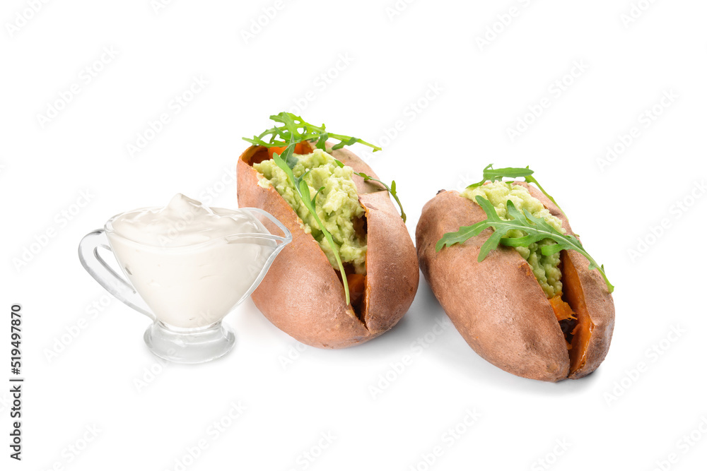 Gravy-boat with tasty sour cream on white background