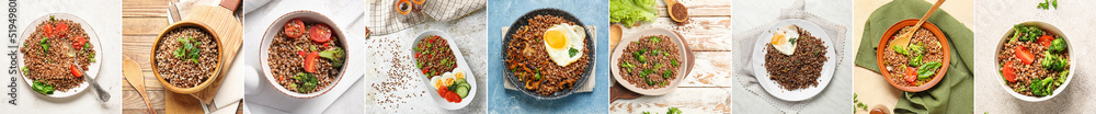 Set of tasty boiled buckwheat with eggs and vegetables on table, top view