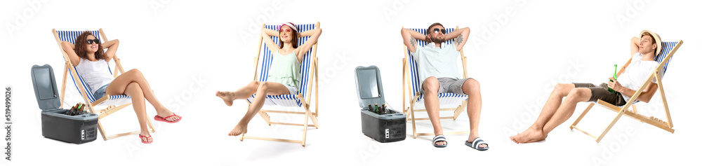 Set of relaxing young people sitting on deck chairs against white background