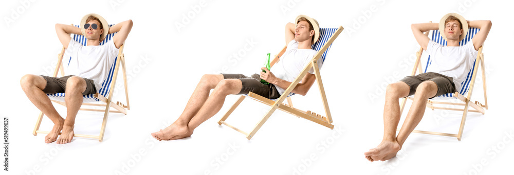 Set of young man with bottle of beer sitting on deck chair against white background