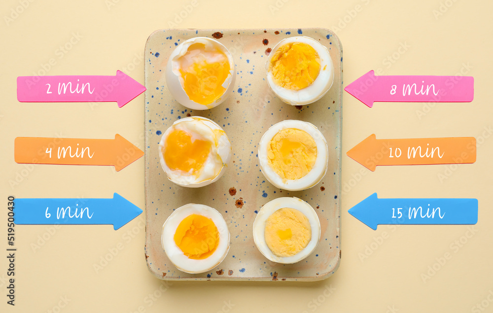 Timing of boiling chicken eggs on light background