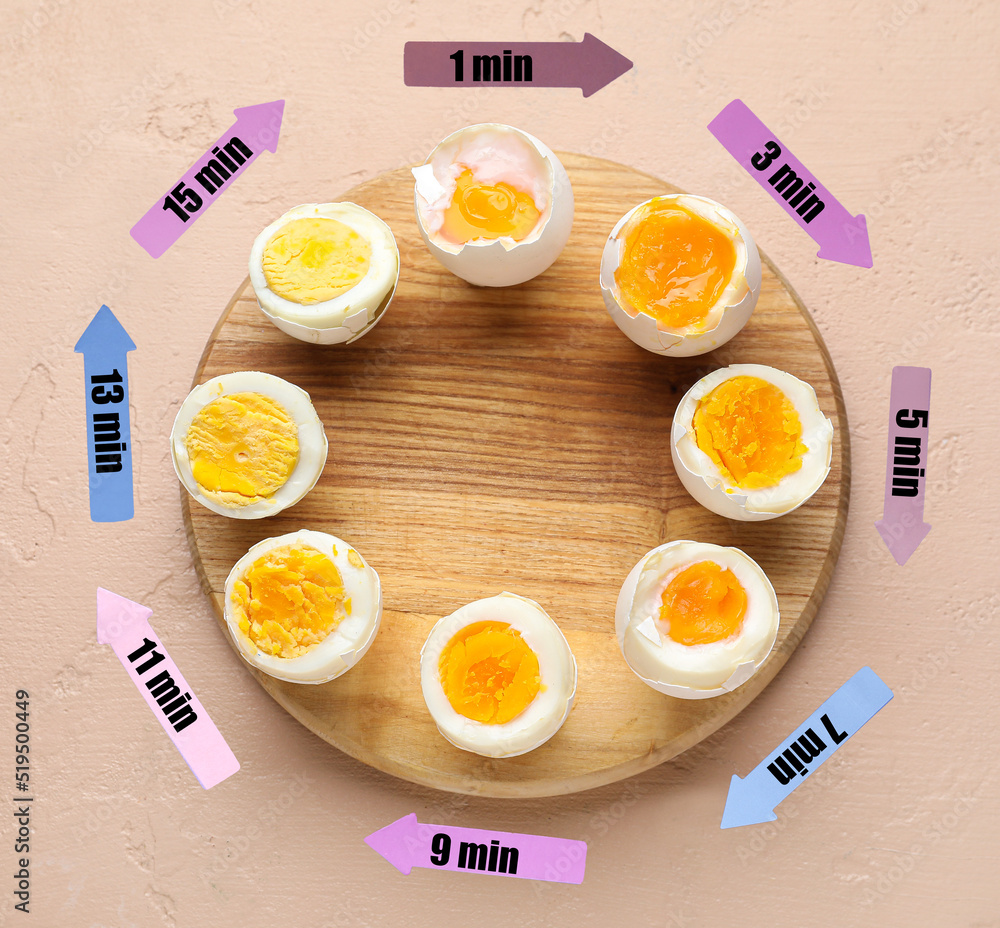 Timing of boiling chicken eggs on color background