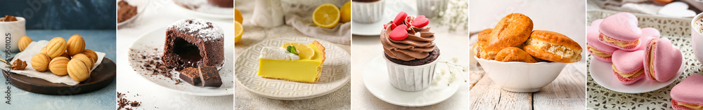 Group of tasty desserts on table