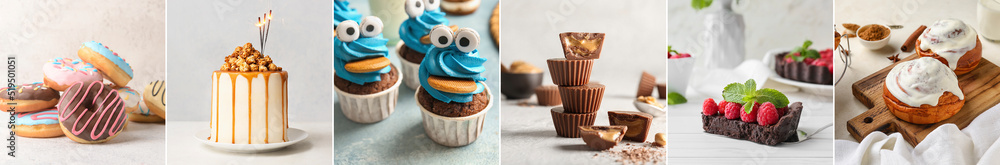 Collage of traditional desserts on light background