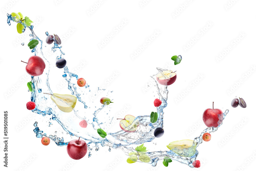 Different flying fruits and splash of water on white background