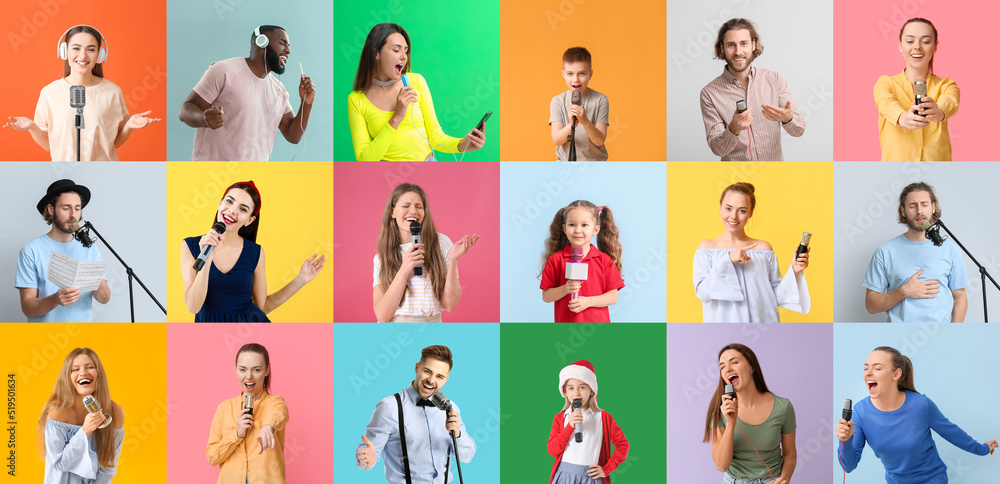 Set of different people with microphones on color background