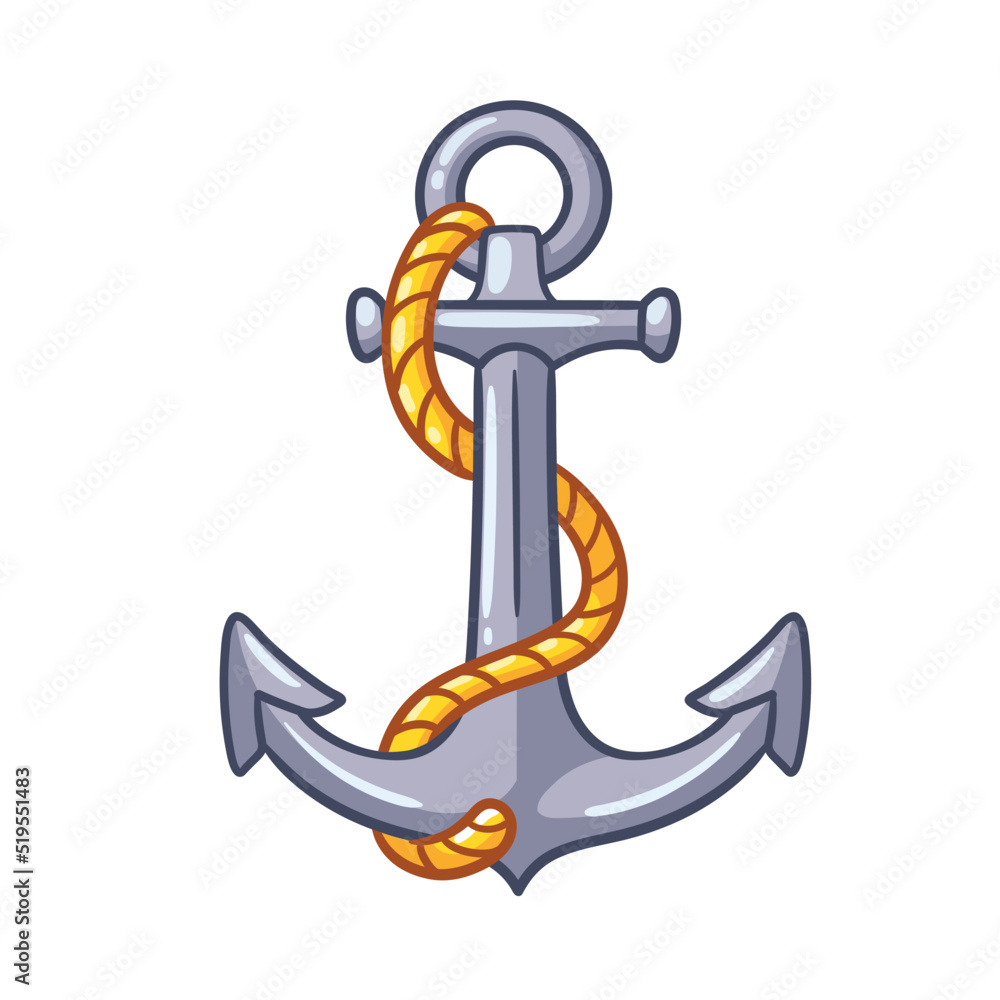 Vector illustration with anchor and rope in cartoon style isolated