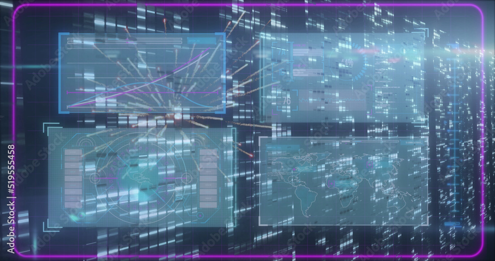 Image of data processing and moving columns over fireworks