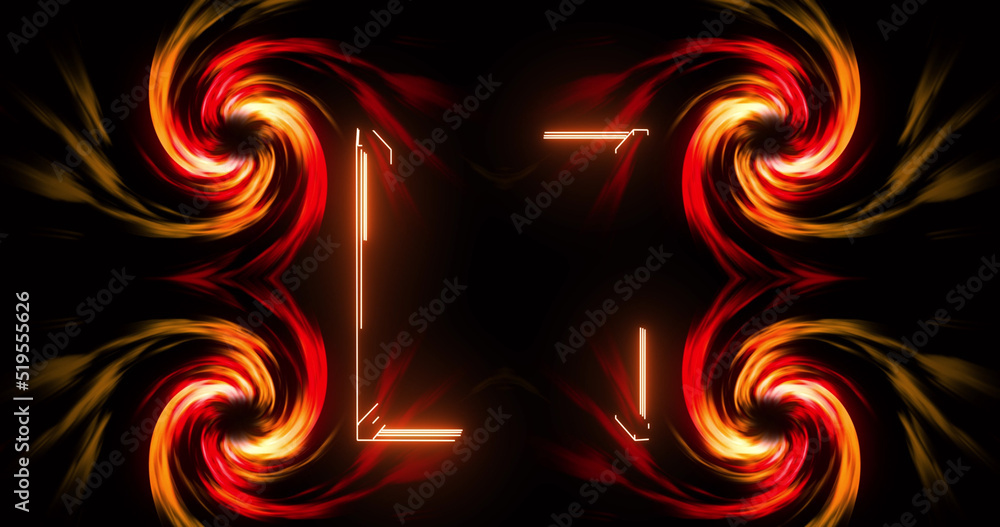 Image of glowing orange square frame and four rotating spirals on black background