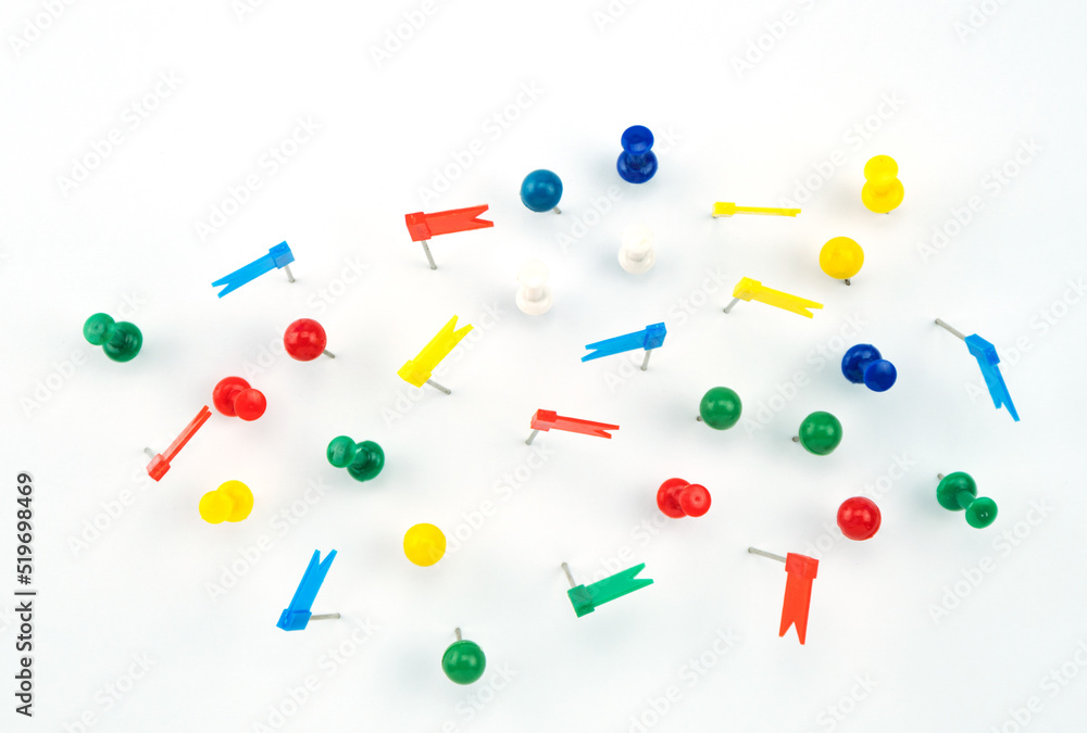 Set of colorful color push pins Thumbtacks. top view isolated on white background