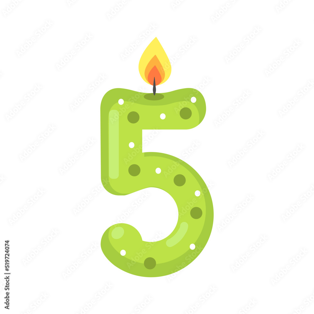 Burning candle in shape of figure 5 on white background