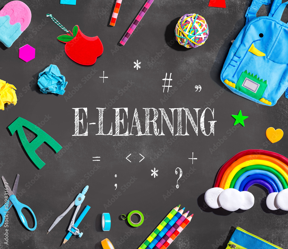 E-Learning theme with school supplies on a chalkboard - flat lay