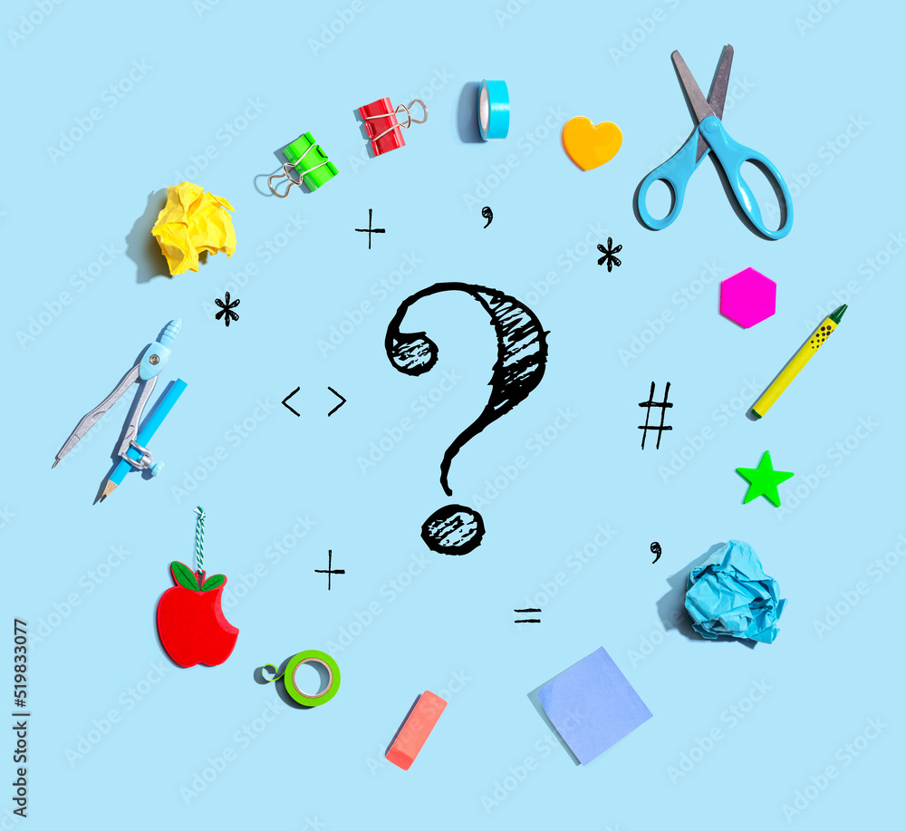 Question mark with school supplies overhead view - flat lay