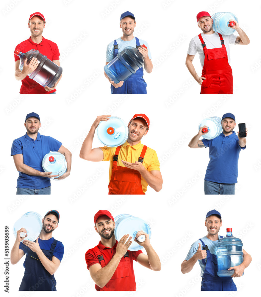 Set of couriers of water delivery service on white background