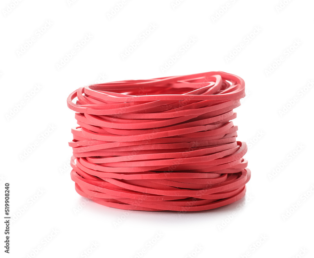 Stack of red rubber bands on white background