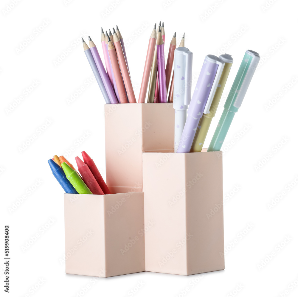 Holder with different stationery on white background