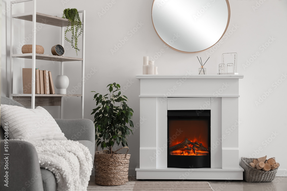 Interior of light living room with fireplace, shelving unit and mirror