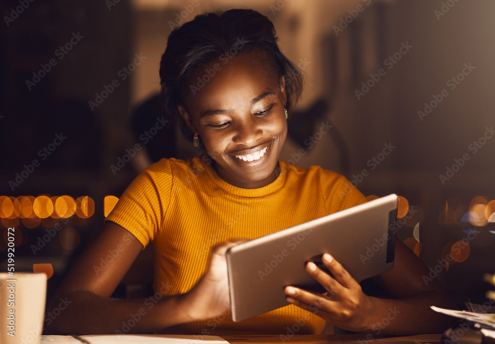 Beautiful, happy and smiling female student using a tablet to browse the internet, do research or sc