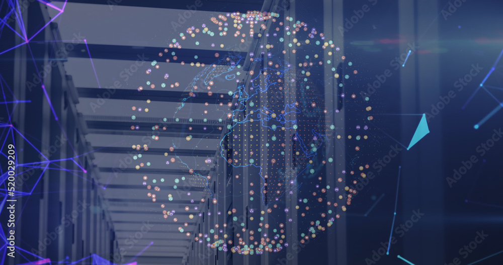 Image of data processing and globe with icons over server room