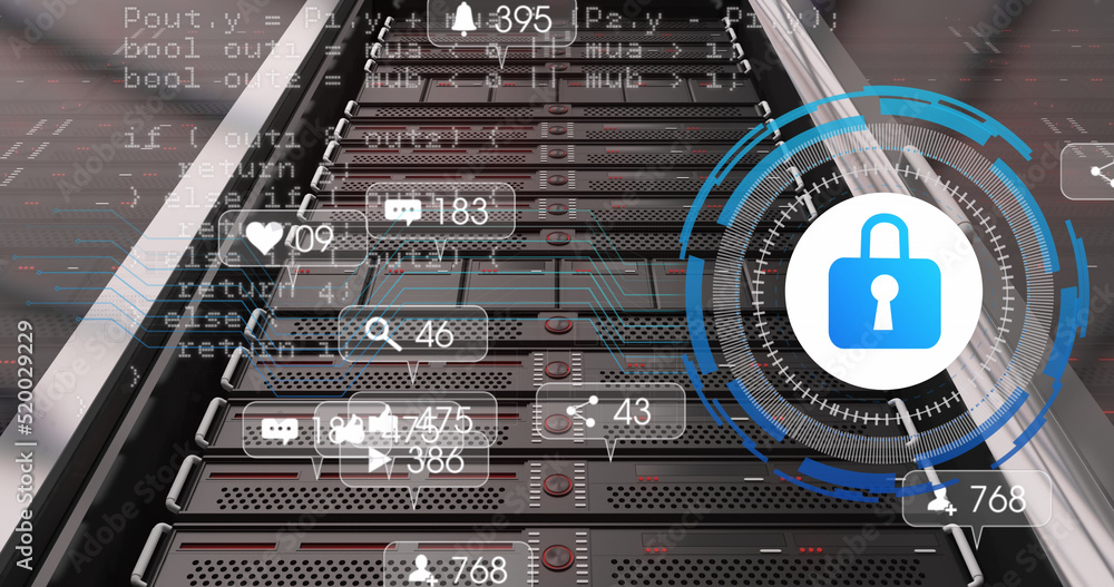 Image of media and padlock icons over server room