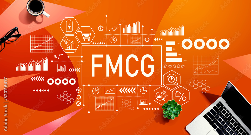 FMCG - Fast Moving Consumer Goods theme with a laptop computer on a orange pattern background