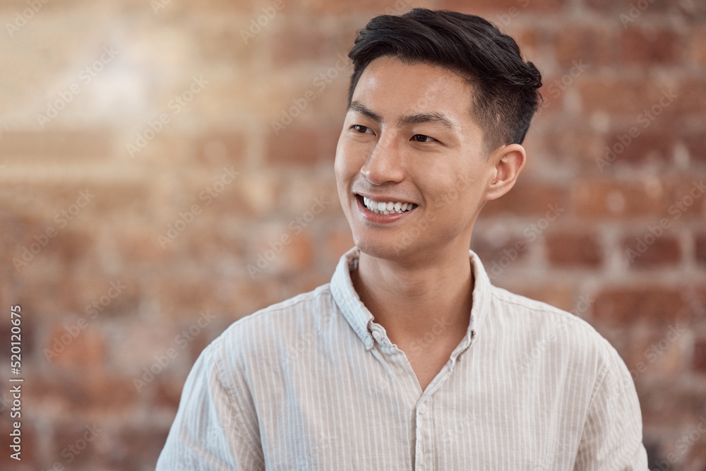 Happy, confident and smiling business man looking thoughtful while working in a creative startup age